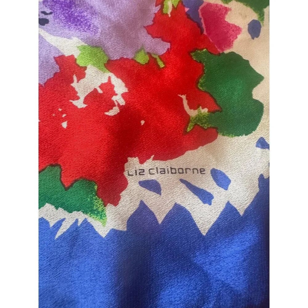 Liz Claiborne Scarf Blue Pink Floral‎ Print Square Silk Blend Vintage Neck Scarf